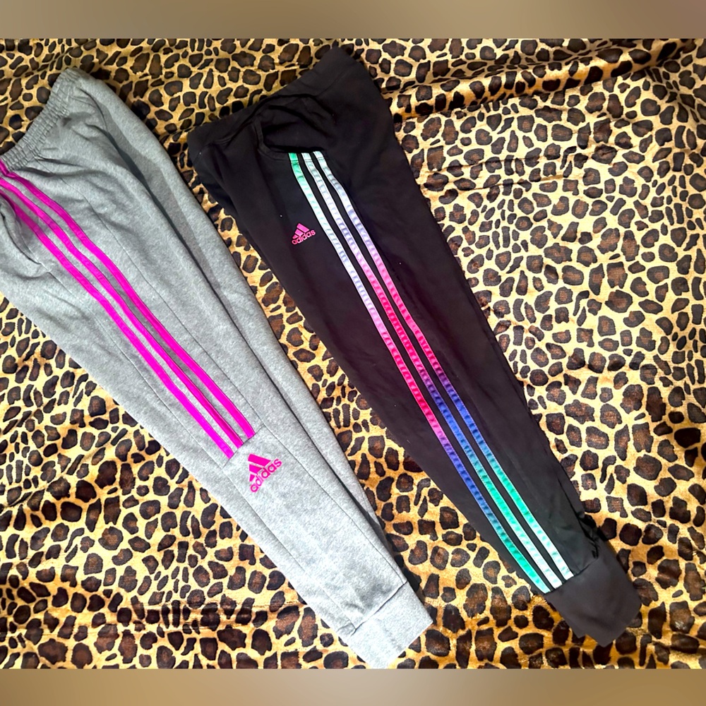 Adidas girls xl 14 Gray and Black Joggers with purple and Multicolor Stripes